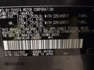 2015 Toyota RAV4 LE with VIN JTMBFREV4FJ045901, listed as a IAAI auction lot 41622711 with 74,505 mi miles. Bid and sale history available at carsss.com. Image 9.