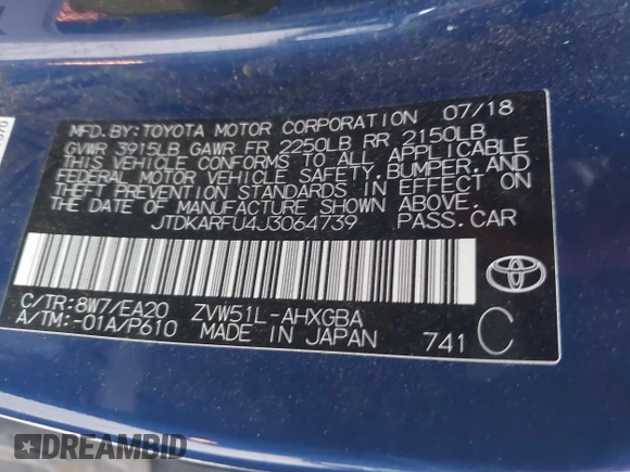 2018 Toyota Prius Two with VIN JTDKARFU4J3064739, listed as a IAAI auction lot 41918080 with 103,664 mi miles. Bid and sale history available at carsss.com. Image 9.