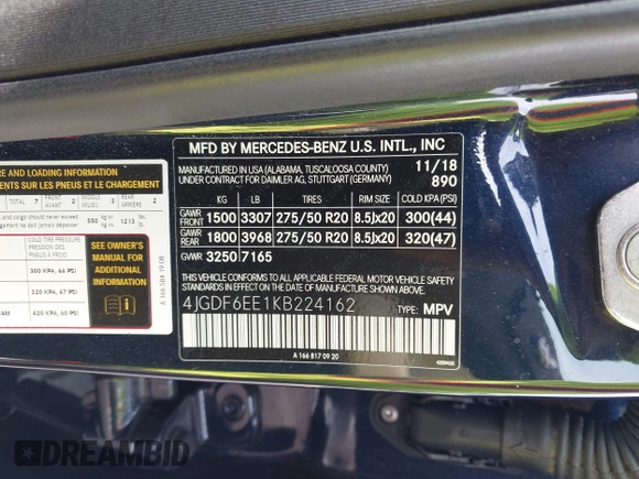 2019 Mercedes-Benz GLS 450 with VIN 4JGDF6EE1KB224162, listed as a IAAI auction lot 42298278 with 42,126 mi miles and . Bid and sale history available at DreamBid. Image 9.