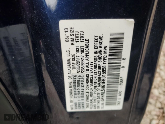 2014 Honda Odyssey EX-L with VIN 5FNRL5H61EB015958, listed as a Copart auction lot 62747765 with Not provided miles and Salvage title. Bid and sale history available at DreamBid. Image 13.