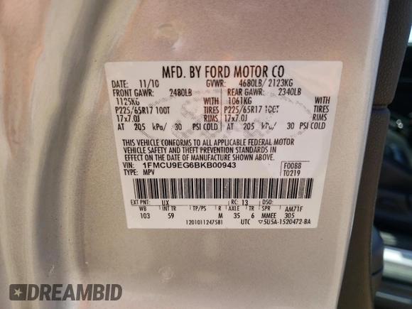 2011 Ford Escape Limited with VIN 1FMCU9EG6BKB00943, listed as a Copart auction lot 52241295 with 158,190 mi miles and Clean Title. Bid and sale history available at DreamBid. Image 13.