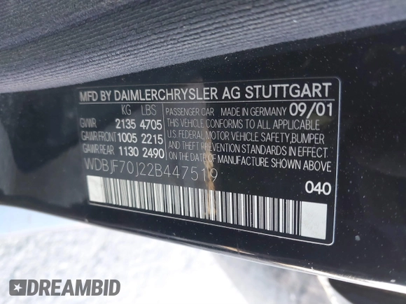 2002 Mercedes-Benz E 320 with VIN WDBJF70J22B447519, listed as a IAAI auction lot 41454868 with 133,252 mi miles and . Bid and sale history available at DreamBid. Image 9.