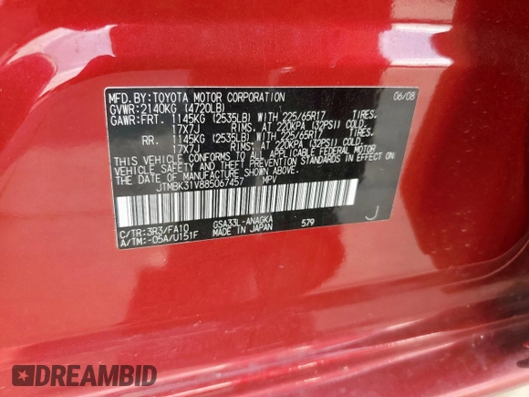 2008 Toyota RAV4 Limited with VIN JTMBK31V885067457, listed as a Copart auction lot 62215065 with 88,635 mi miles and Salvage title. Bid and sale history available at DreamBid. Image 13.