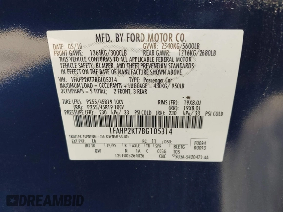 2011 Ford Taurus SHO с VIN 1FAHP2KT7BG105314, выставлен на аукционе IAAI как лот 42147099 с пробегом Не указан миль и . История ставок и продаж доступна на DreamBid. Изображение 9.