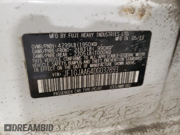 2013 Subaru Impreza с VIN JF1GJAA64DG032893, выставлен на аукционе Copart как лот 87428544 с пробегом 168 685 миль миль и Списание • Salvage title. История ставок и продаж доступна на DreamBid. Изображение 14.