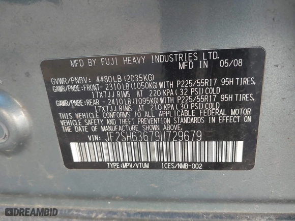 2009 Subaru Forester (Natl) X w/Premium Pkg with VIN JF2SH63679H729679, listed as a IAAI auction lot 41336177 with 193,705 mi miles. Bid and sale history available at carsss.com. Image 9.