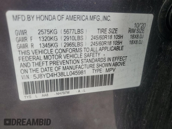 2020 Acura MDX with VIN 5J8YD4H38LL045981, listed as a Copart auction lot 65192985 with 45,930 mi miles and Salvage title. Bid and sale history available at DreamBid. Image 13.