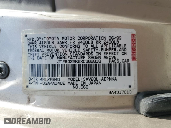 1999 Toyota Camry LE с VIN JT2BG22K6X0369818, выставлен на аукционе Copart как лот 54369385 с пробегом 246 320 миль миль и Списание • Salvage title. История ставок и продаж доступна на DreamBid. Изображение 12.