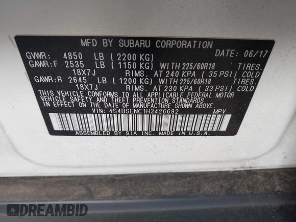 2017 Subaru Outback Limited with VIN 4S4BSENC1H3426692, listed as a IAAI auction lot 42419898 with 88,948 mi miles and . Bid and sale history available at DreamBid. Image 9.