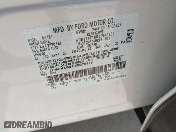 2024 Ford Edge SE with VIN 2FMPK4G91RBB26976, listed as a IAAI auction lot 42529966 with 8,148 mi miles and . Bid and sale history available at DreamBid. Image 9.