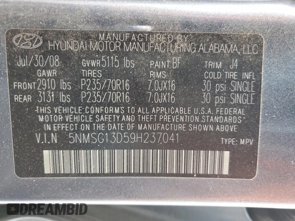 2009 Hyundai Santa Fe GLS z VIN 5NMSG13D59H237041, wystawiony jako Copart lot #51301265 z przebiegiem 202 841 mil mil oraz Szkoda całkowita • Salvage title. Historia ofert i sprzedaży dostępna na DreamBid. Obrazek 14.