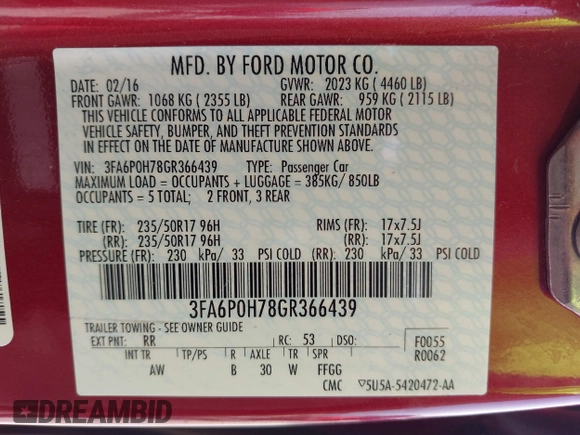 2016 Ford Fusion SE with VIN 3FA6P0H78GR366439, listed as a IAAI auction lot 42446426 with 81,195 mi miles and . Bid and sale history available at DreamBid. Image 9.