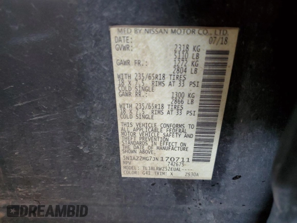 2018 Nissan Murano SL z VIN 5N1AZ2MG7JN170711, wystawiony jako Copart lot #57076585 z przebiegiem 187 383 mil mil oraz Szkoda całkowita • Salvage title. Historia ofert i sprzedaży dostępna na DreamBid. Obrazek 12.
