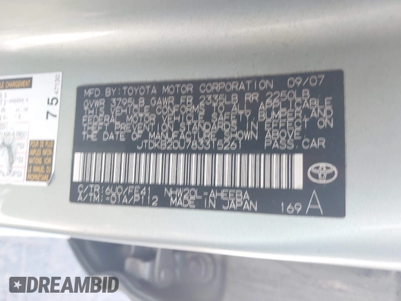 2008 Toyota Prius with VIN JTDKB20U783315261, listed as a IAAI auction lot 42017758 with 251,375 mi miles and . Bid and sale history available at DreamBid. Image 9.
