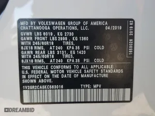 2019 Volkswagen Atlas 3.6L V6 S with VIN 1V2GR2CA5KC563016, listed as a Copart auction lot 85898544 with 57,053 mi miles and Salvage Title. Bid and sale history available at carsss.com. Image 16.