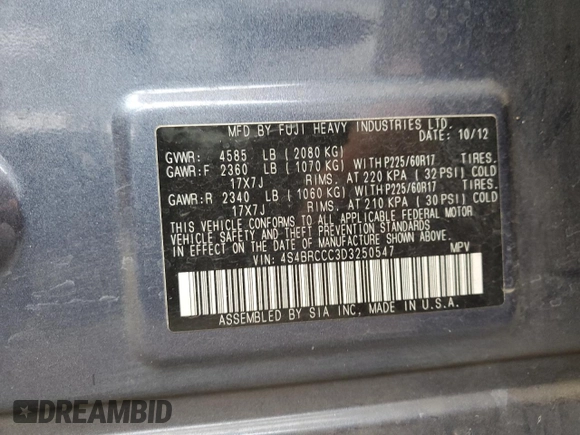 2013 Subaru Outback Premium with VIN 4S4BRCCC3D3250547, listed as a Copart auction lot 61428815 with 79,677 mi miles and Salvage title. Bid and sale history available at DreamBid. Image 13.