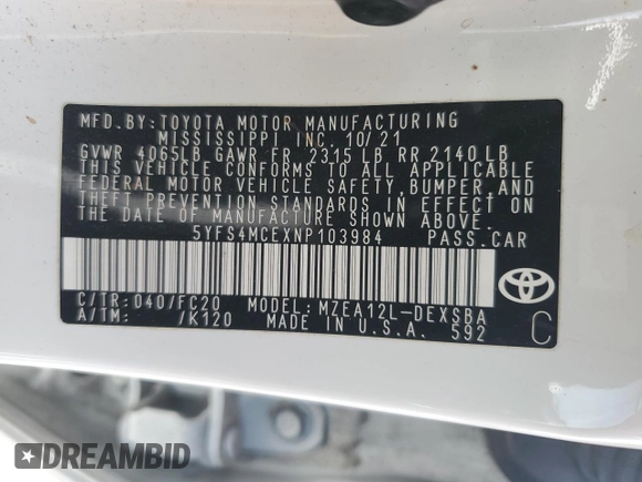 2022 Toyota Corolla SE with VIN 5YFS4MCEXNP103984, listed as a Copart auction lot 45969555 with 17,531 mi miles and Salvage Title. Bid and sale history available at DreamBid. Image 14.