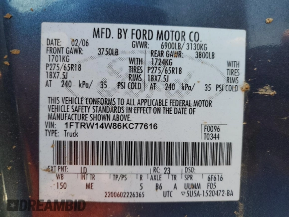 2006 Ford F-150 XLT with VIN 1FTRW14W86KC77616, listed as a Copart auction lot 81595594 with 298,969 mi miles and Salvage Title. Bid and sale history available at carsss.com. Image 12.