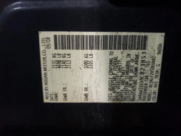 2009 Nissan Maxima S z VIN 1N4AA51EX9C823853, wystawiony jako Copart lot #43222645 z przebiegiem 106 991 mil mil oraz Szkoda całkowita • Salvage title. Historia ofert i sprzedaży dostępna na DreamBid. Obrazek 12.