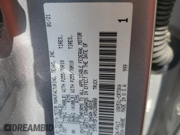 2021 Toyota Tundra 2WD SR with VIN 5TFRY5F14MX280080, listed as a Copart auction lot 67364084 with 70,815 mi miles and Salvage Title. Bid and sale history available at carsss.com. Image 12.