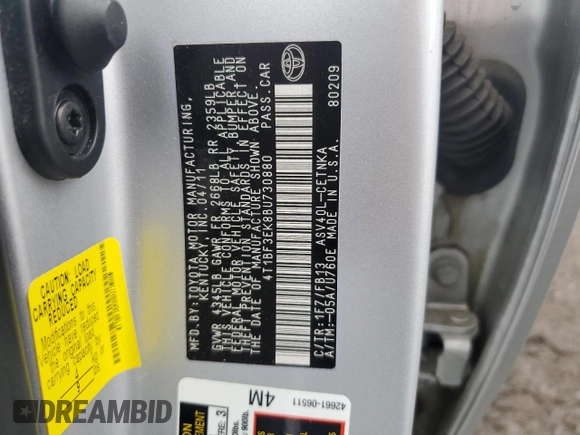 2011 Toyota Camry LE with VIN 4T1BF3EK8BU730880, listed as a Copart auction lot 52849215 with 28,225 mi miles and Salvage Title. Bid and sale history available at carsss.com. Image 12.
