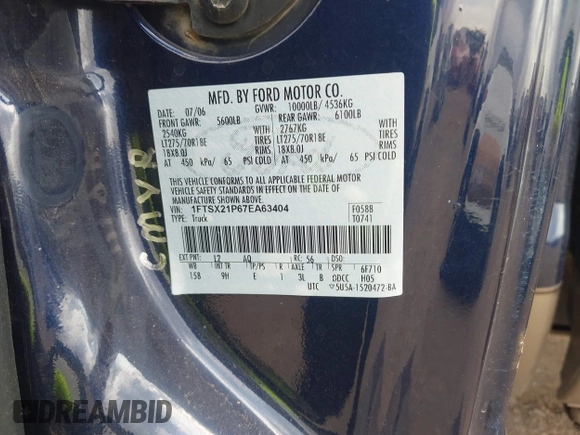 2007 Ford F-250 XL with VIN 1FTSX21P67EA63404, listed as a IAAI auction lot 42430989 with 167,476 mi miles and . Bid and sale history available at DreamBid. Image 9.