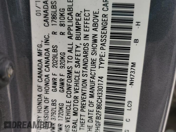 2012 Honda Civic EX with VIN 2HGFB2F86CH330174, listed as a Copart auction lot 56070795 with 137,040 mi miles and Salvage Title. Bid and sale history available at DreamBid. Image 13.