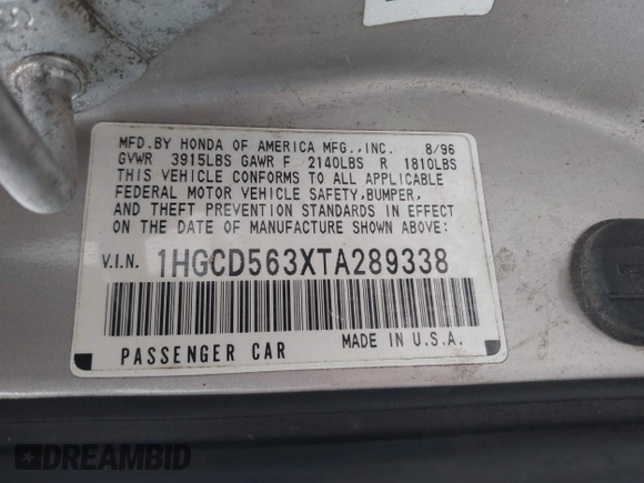 1996 Honda Accord LX with VIN 1HGCD563XTA289338, listed as a IAAI auction lot 41896052 with 221,401 mi miles and . Bid and sale history available at carsss.com. Image 9.
