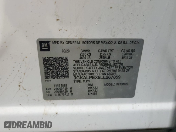 2020 GMC Terrain SLT with VIN 3GKALPEX8LL267859, listed as a Copart auction lot 60668745 with 38,883 mi miles and Salvage title. Bid and sale history available at DreamBid. Image 13.