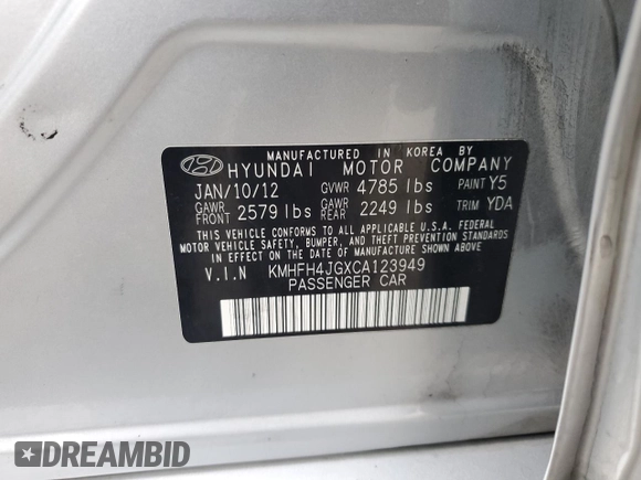 2012 Hyundai Azera z VIN KMHFH4JGXCA123949, wystawiony jako Copart lot #53499005 z przebiegiem 184 083 mil mil oraz Czysty tytuł • Clean title. Historia ofert i sprzedaży dostępna na DreamBid. Obrazek 12.