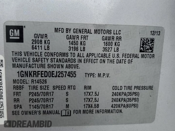 2014 Chevrolet Traverse LS z VIN 1GNKRFED0EJ257455, wystawiony jako Copart lot #58961415 z przebiegiem 136 284 mil mil oraz Szkoda całkowita • Salvage title. Historia ofert i sprzedaży dostępna na DreamBid. Obrazek 14.