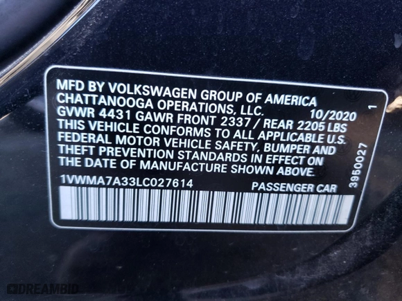 2020 Volkswagen Passat 2.0T R-Line with VIN 1VWMA7A33LC027614, listed as a Copart auction lot 36530853 with 33,015 mi miles. Bid and sale history available at carsss.com. Image 12.