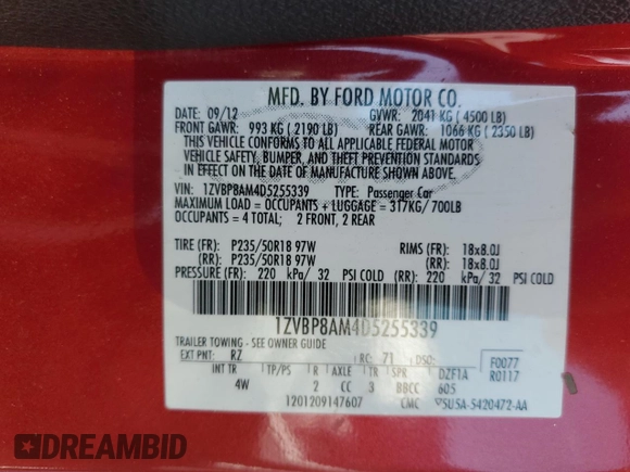 2013 Ford Mustang V6 with VIN 1ZVBP8AM4D5255339, listed as a Copart auction lot 50044005 with 50,517 mi miles and Salvage Title. Bid and sale history available at carsss.com. Image 12.