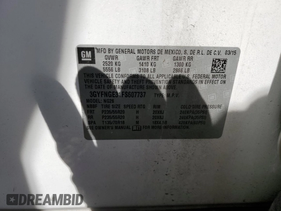2015 Cadillac SRX Premium Collection with VIN 3GYFNGE31FS607737, listed as a Copart auction lot 44820555 with 0 mi miles and Salvage Title. Bid and sale history available at carsss.com. Image 13.