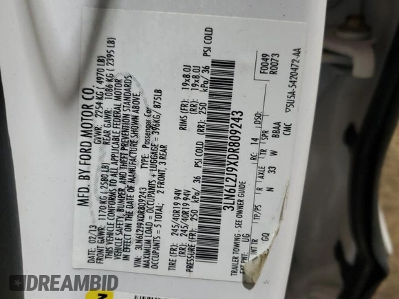 2013 Lincoln MKZ with VIN 3LN6L2J9XDR809243, listed as a Copart auction lot 43581965 with 40,561 mi miles and Salvage Title. Bid and sale history available at DreamBid. Image 12.