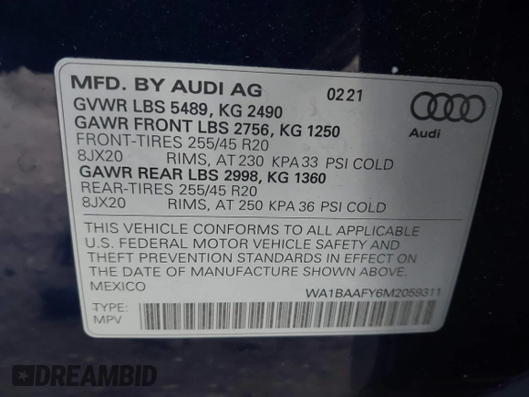 2021 Audi Q5 Premium Plus with VIN WA1BAAFY6M2059311, listed as a IAAI auction lot 41909864 with 44,059 mi miles. Bid and sale history available at carsss.com. Image 9.