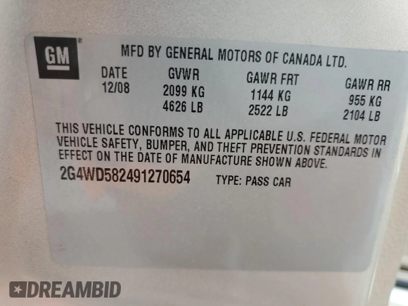 2009 Buick LaCrosse CXL with VIN 2G4WD582491270654, listed as a Copart auction lot 47790535 with 191,106 mi miles and Salvage Title. Bid and sale history available at carsss.com. Image 14.