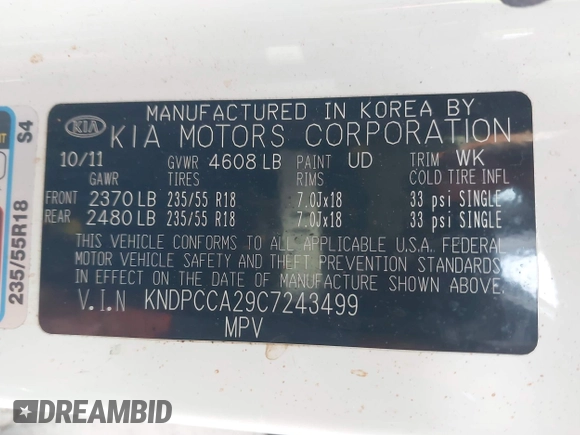 2012 Kia Sportage EX with VIN KNDPCCA29C7243499, listed as a IAAI auction lot 41922367 with 200,563 mi miles and . Bid and sale history available at DreamBid. Image 9.