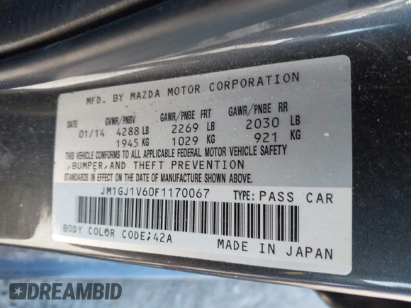 2015 Mazda 6 i Touring with VIN JM1GJ1V60F1170067, listed as a IAAI auction lot 41259559 with 131,055 mi miles and . Bid and sale history available at DreamBid. Image 9.