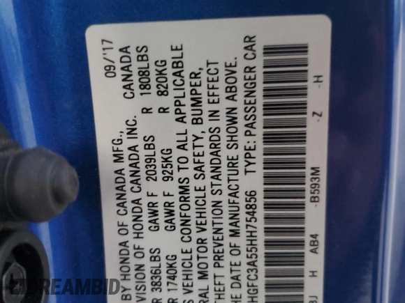 2017 Honda Civic Si with VIN 2HGFC3A55HH754856, listed as a Copart auction lot 46654685 with 149,588 mi miles and Salvage Title. Bid and sale history available at DreamBid. Image 15.