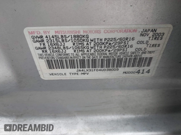 2004 Mitsubishi Outlander LS with VIN JA4LX31F04U038009, listed as a IAAI auction lot 41616254 with 219,527 mi miles. Bid and sale history available at carsss.com. Image 9.