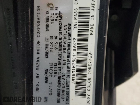 2014 Mazda 3 i Grand Touring with VIN JM1BM1M78E1189878, listed as a Copart auction lot 71418094 with 150,271 mi miles and Salvage Title. Bid and sale history available at DreamBid. Image 13.