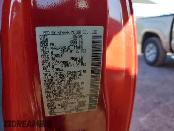 2004 Nissan Frontier 4WD SVE SuperCharger with VIN 1N6MD26Y04C455267, listed as a Copart auction lot 43373015 with 148,429 mi miles and Clean Title. Bid and sale history available at carsss.com. Image 12.