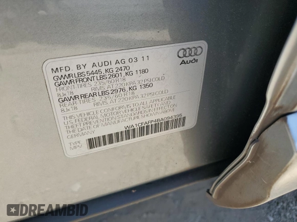 2011 Audi Q5 Premium with VIN WA1CFAFP4BA094395, listed as a Copart auction lot 60753055 with 100,400 mi miles and Clean title. Bid and sale history available at DreamBid. Image 13.