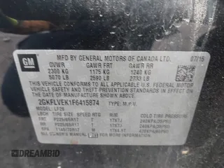 2015 GMC Terrain SLE with VIN 2GKFLVEK1F6415874, listed as a IAAI auction lot 42204670 with 45,709 mi miles and . Bid and sale history available at DreamBid. Image 9.