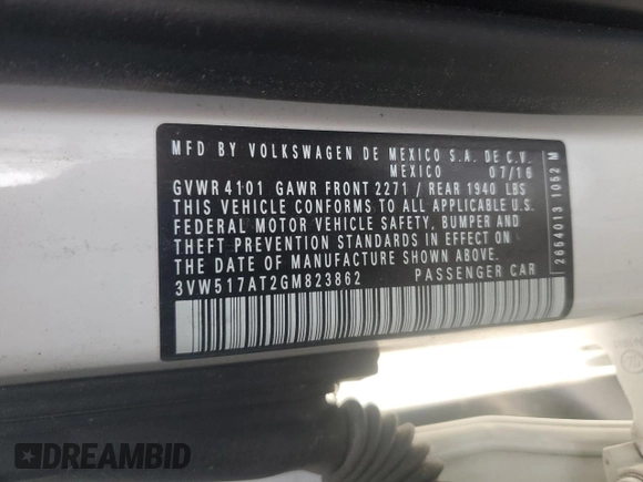 2016 Volkswagen Beetle S with VIN 3VW517AT2GM823862, listed as a Copart auction lot 48981785 with 47,114 mi miles and Salvage Title. Bid and sale history available at DreamBid. Image 13.