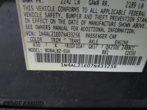 2007 Nissan Altima 2.5 with VIN 1N4AL21E07N433256, listed as a IAAI auction lot 42112617 with 199,109 mi miles. Bid and sale history available at carsss.com. Image 9.