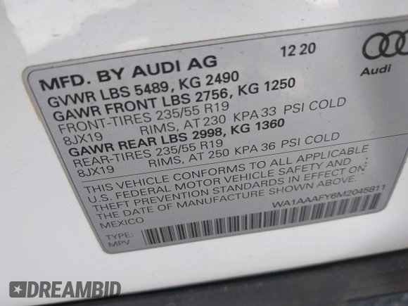 2021 Audi Q5 Premium with VIN WA1AAAFY6M2045811, listed as a IAAI auction lot 41750550 with 9,563 mi miles and . Bid and sale history available at DreamBid. Image 9.