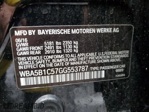 2016 BMW 5 Series 535i with VIN WBA5B1C57GG553787, listed as a Copart auction lot 48197155 with 72,781 mi miles and Salvage Title. Bid and sale history available at DreamBid. Image 12.