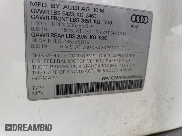 2017 Audi Q5 Premium with VIN WA1C2AFP5HA069039, listed as a Copart auction lot 54564475 with 147,461 mi miles and Salvage Title. Bid and sale history available at carsss.com. Image 13.